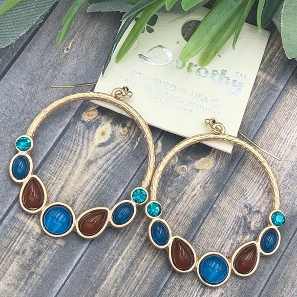 🌼 Brown & Aqua Blue Gem Gold Drop Hoop Circle Dangle Earrings - Picture 1 of 3